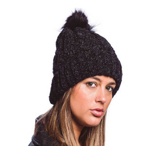 Chenille Cable Knit Beanie Fuzzy Lined With Pom Po